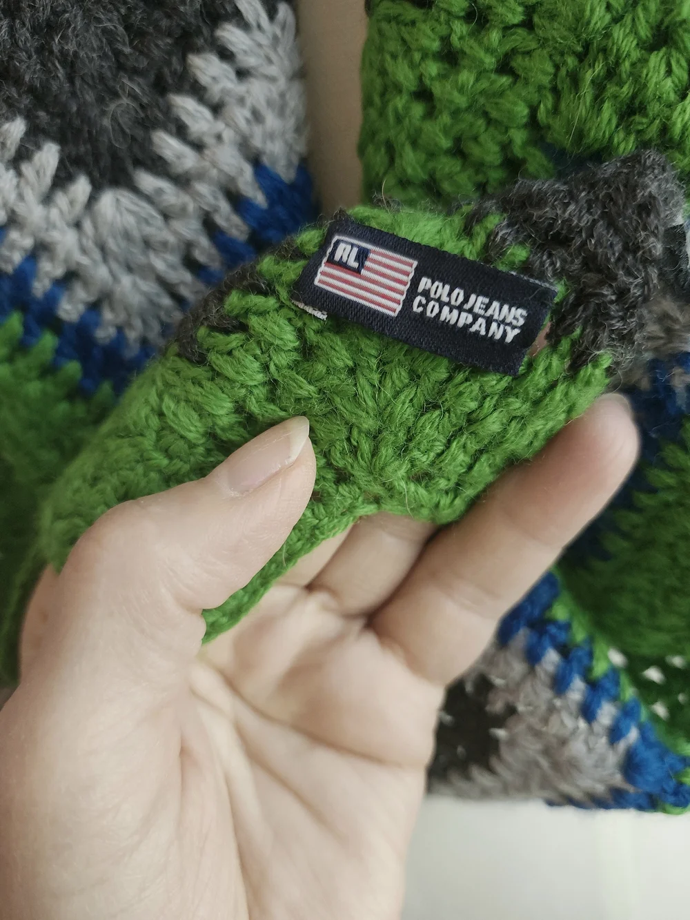 RL Polo Vintage Long Green Chevron Crochet Scarf With Blue Black & Gray 7.5x74